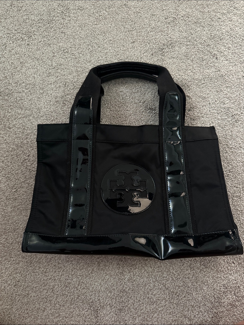 Tory Burch Black Patent-Trim Logo Tote